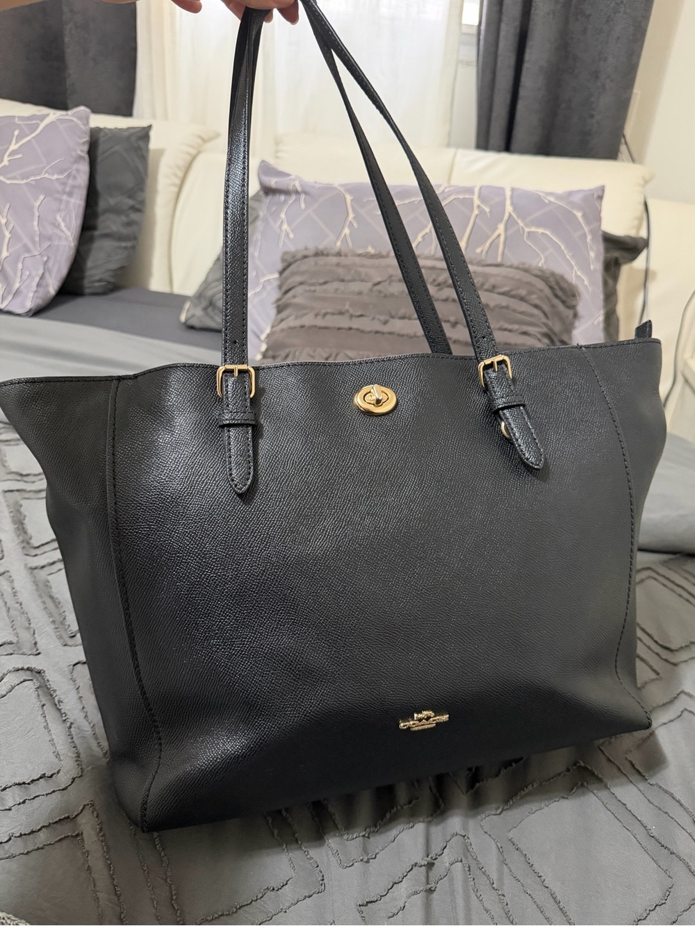 Coach Black Leather Tote with Gold Hardware